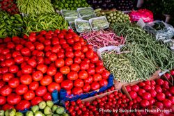 Assorted tomato and chili peppers and other vegetables in a market store bxrkB5