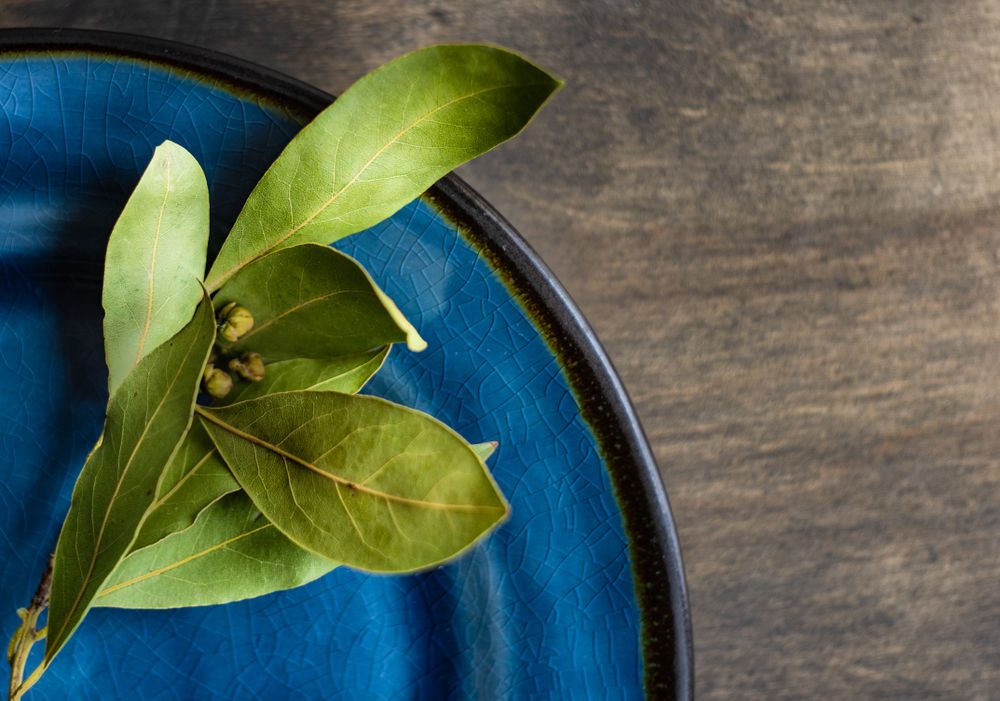 Close up of table setting with bay laurel leaves on wooden table with copy space