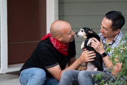 Dog sticking his tongue out attempting to kiss his owner sitting on their front porch