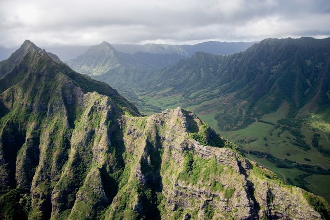 Aerial view of peaks and valleys in Hawaii