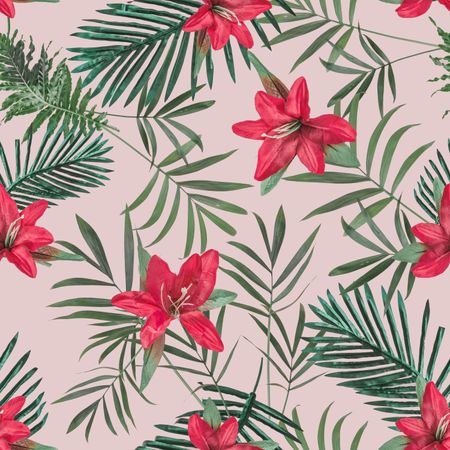 Pattern with leaves and red flowers on blush pastel background