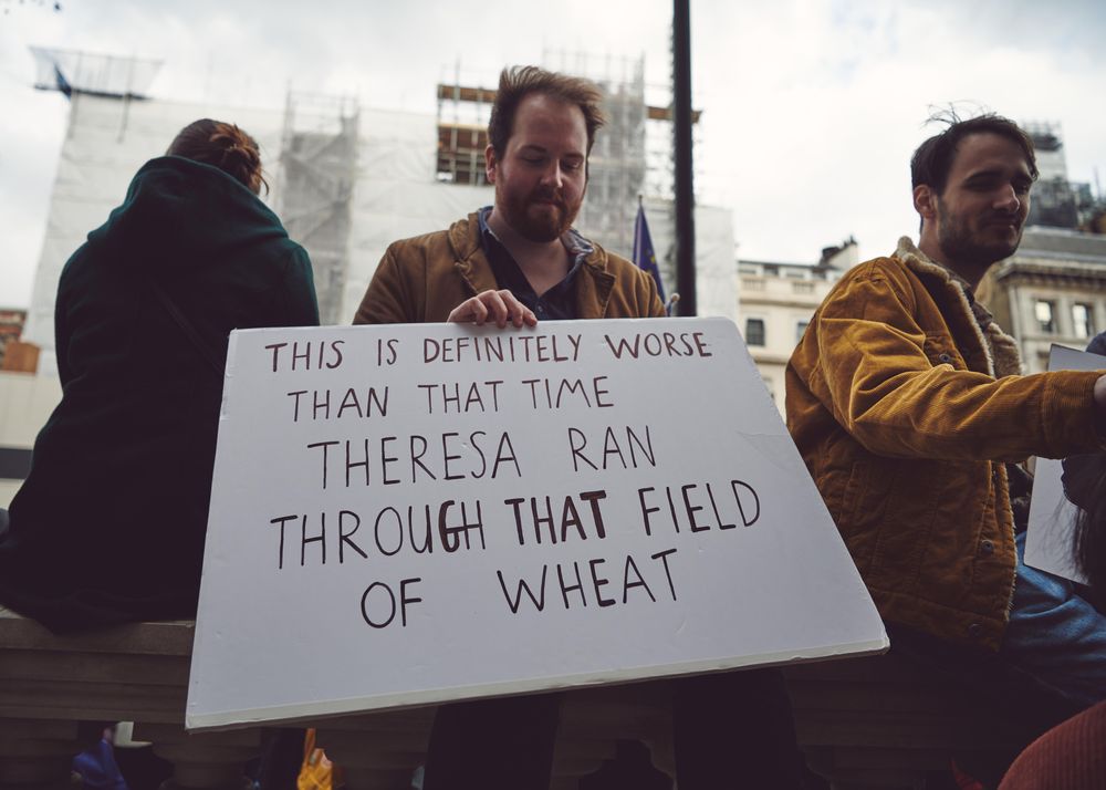 London, England, United Kingdom - March 23rd, 2019: Man holds political sign at Brexit protest