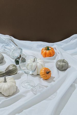 Retro styled still life arrangement with pumpkins and glasses on light sheet and brown background