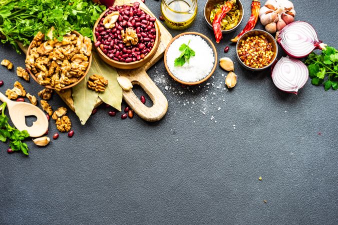 Top view of ingredients for cooking bean meal with copy space