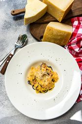 Top view of Italian homemade pasta with cheese