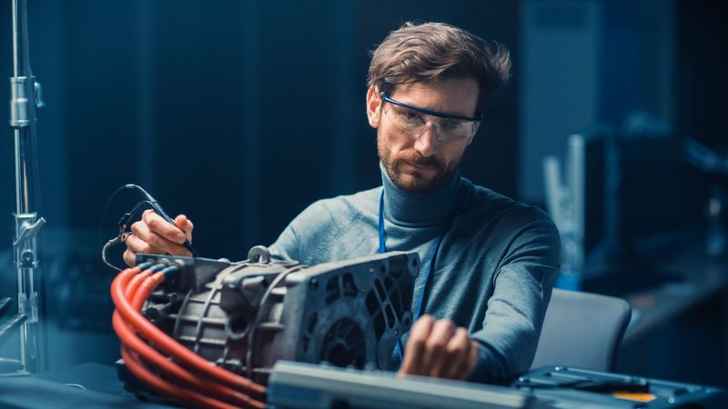 Professional Automotive Engineer in Glasses with a Computer and Inspection Tools is Testing an Used Electric Engine in a High Tech Laboratory with a Concept Car Chassis.