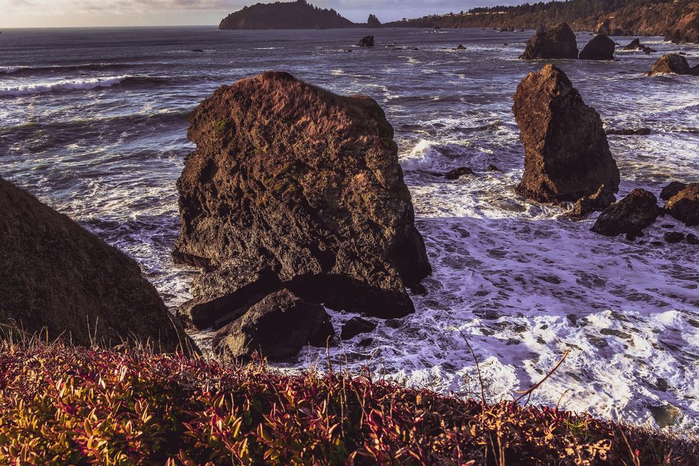 Large rocks in the ocean and frothy water seen from cliff