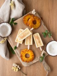 Fruits and herbs around ice cream