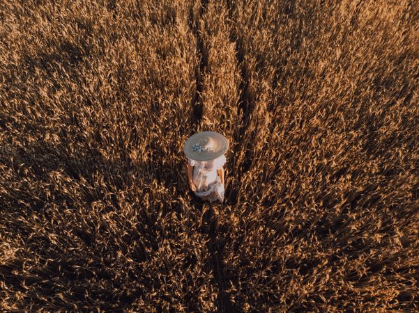 Woman in big round hat in middle of wheat field