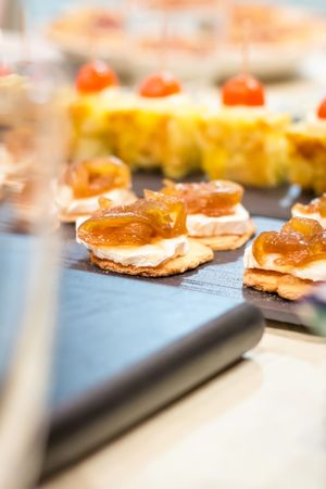 Cheese with onion pinchos and spanish omelet tapas