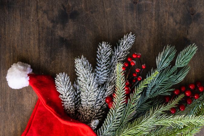 Pine branches with Santa decorations and red berries on dark surface