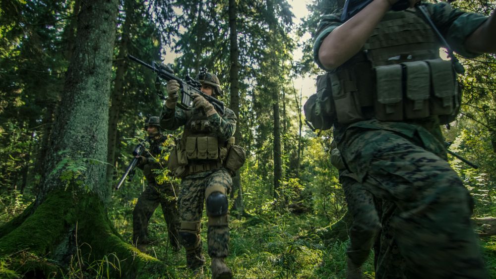 Squad of Fully Equipped Soldiers in Camouflage on a Reconnaissance Military Mission, Rifles Ready.