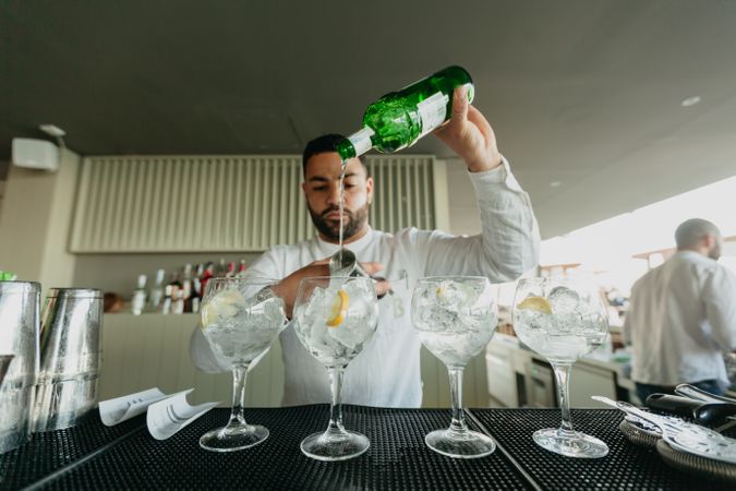 Cheerful Barman preparing alcoholic drinks in a bar.