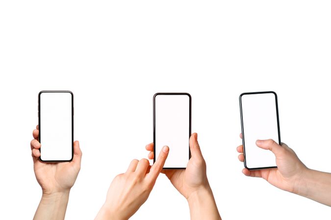 Hands showcase three smartphones with blank displays for use