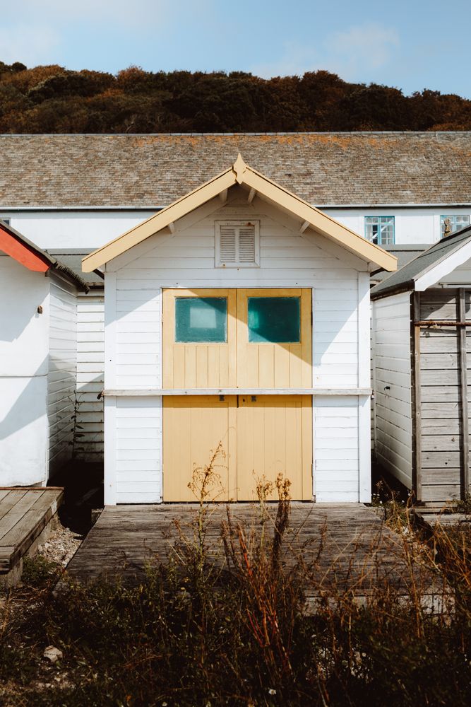 Small wooden houses by forest