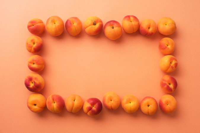 Apricots make a rectangle frame on an orange background