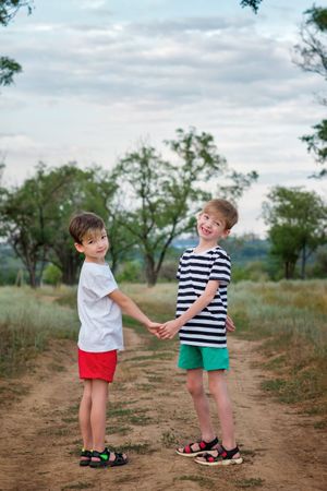 Two little brothers walking in countryside