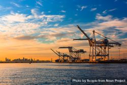 Cranes at the seaport near city during sunset 0yGqR4