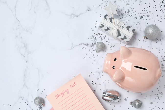 Concept of Christmas finance with piggy bank, space for text
