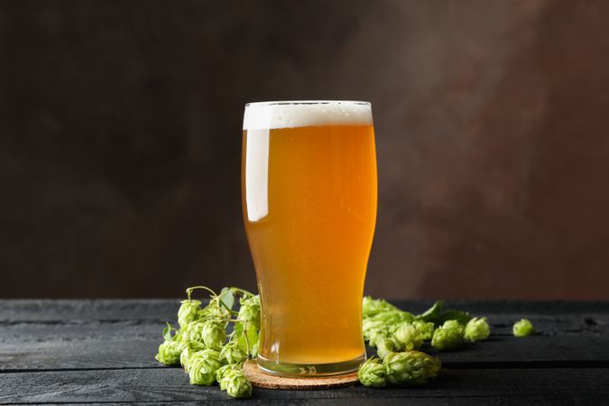 Glass of beer and hop cones on wooden table, copy space
