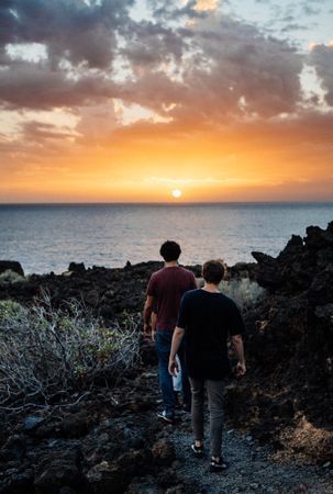 Back of two men walking towards the coast at sunset