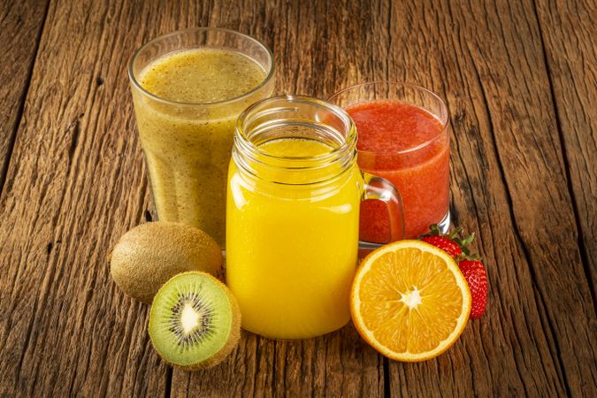 Variety of fruit juices. Fruit smoothies.