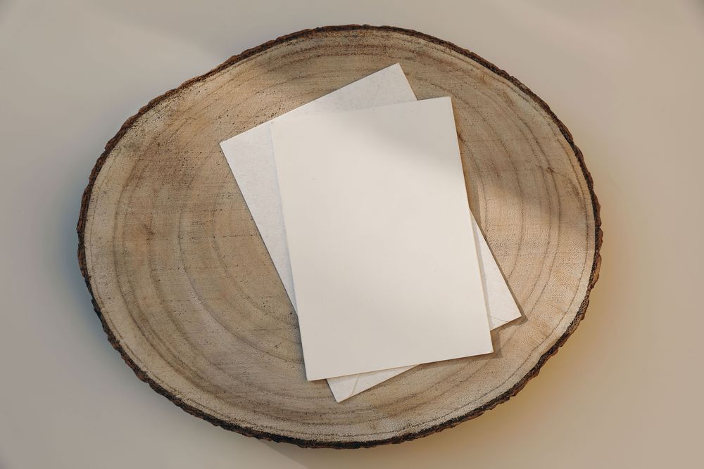 Blank paper greeting card on plate