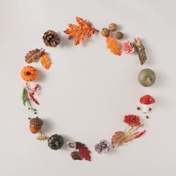 Fall seasonal layout with autumn fruits and leaves