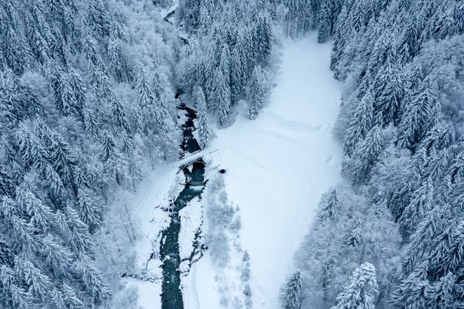 Aerial image with snowy forest and river in the Bavarian Alps, Germany