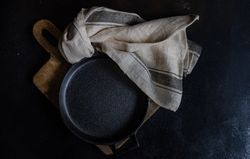 Empty metal pan on kitchen counter
