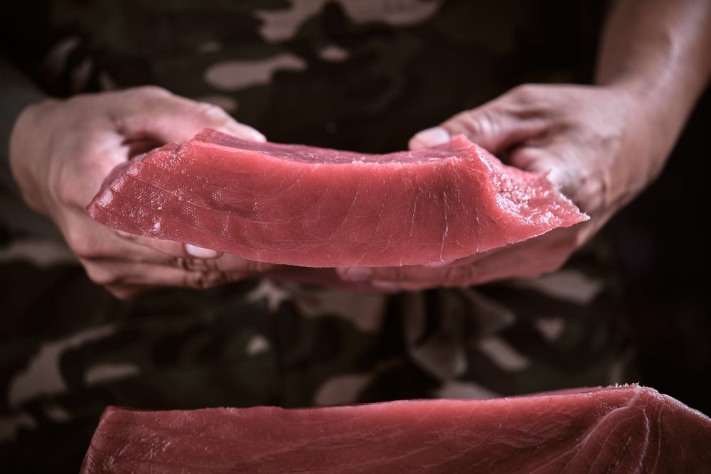 Male chef holding delicious portion of fresh bluefin tuna