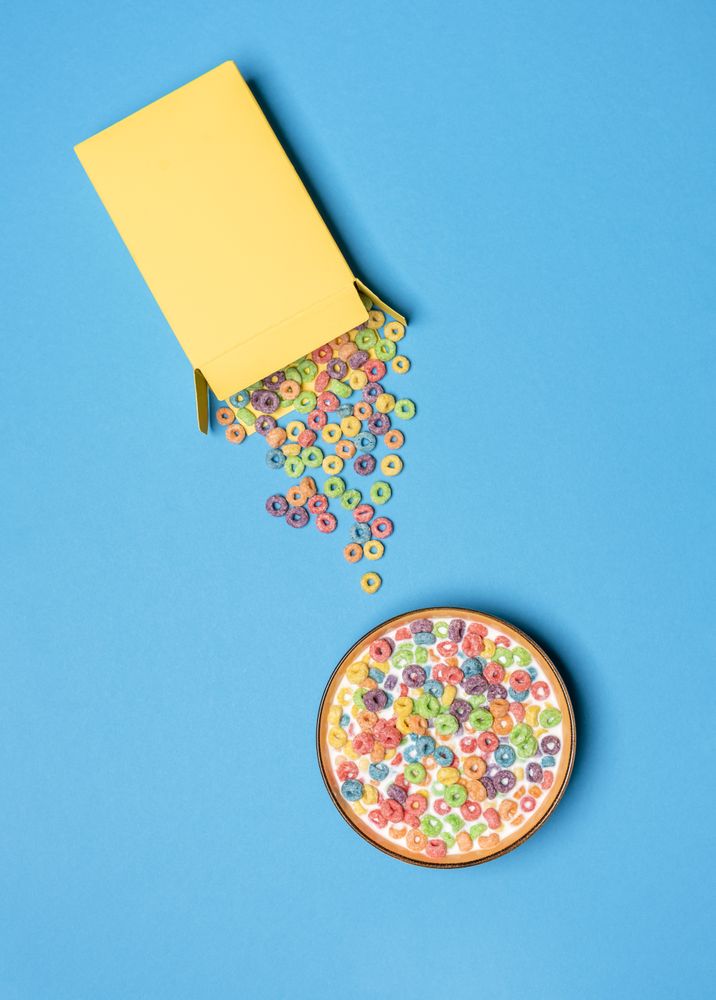 Cereal and milk breakfast table, top view