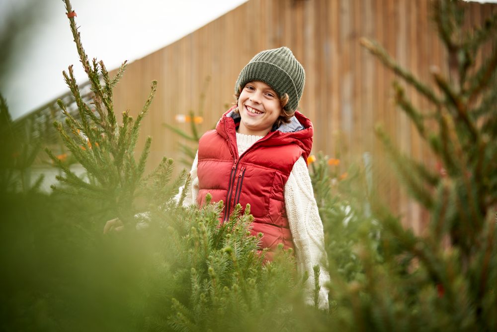 Content stylish kid smiling while choosing Christmas tree in mar
