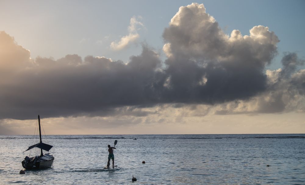 Person paddle boarding at dusk