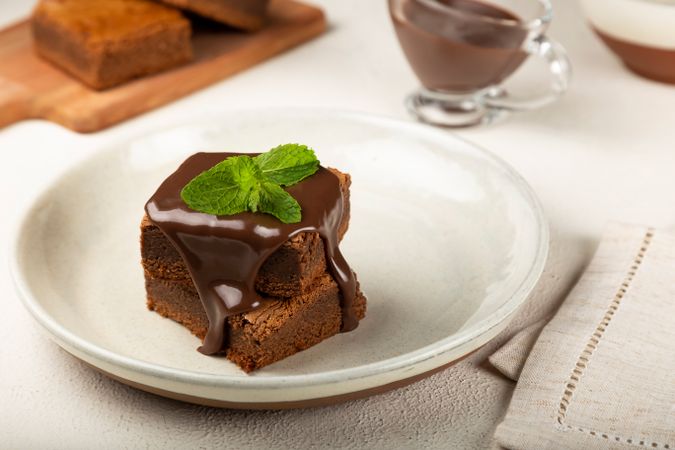 Plate with two brownies served with chocolate sauce and mint garnish