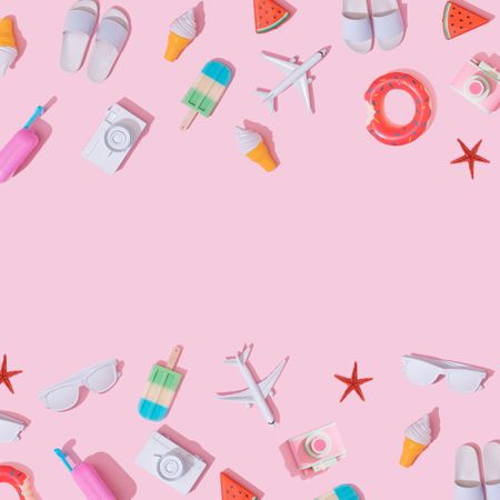 Beach items, like ice cream, camera, airplane, sunglasses, flip flops, on pastel pink background