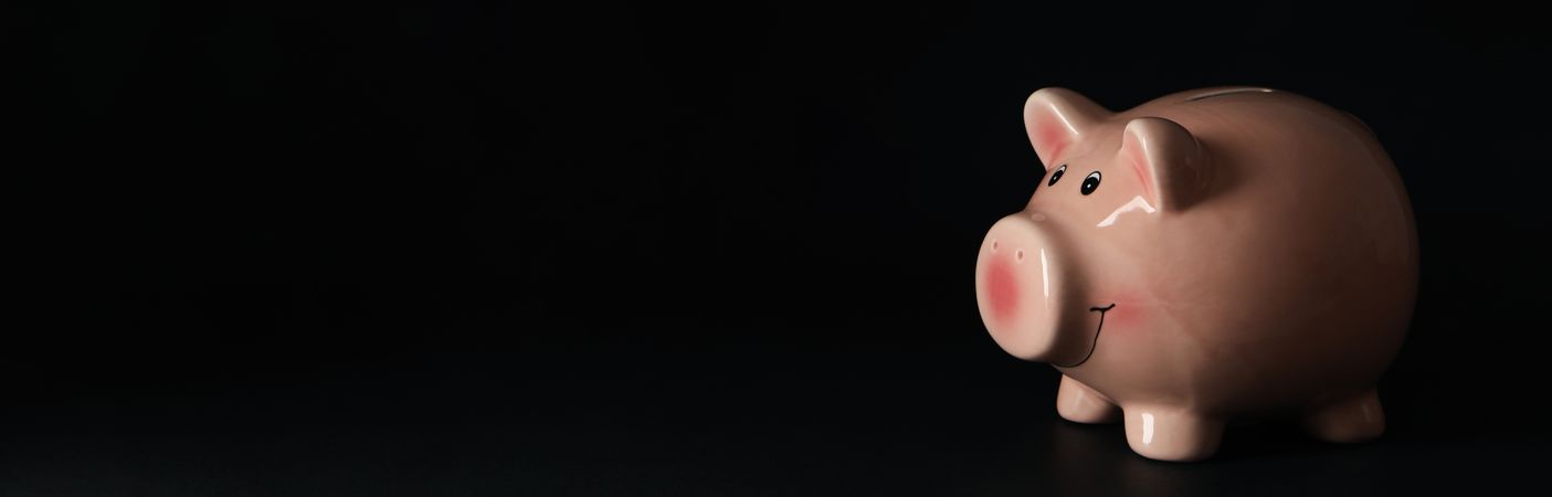 Piggy bank on dark background, space for text