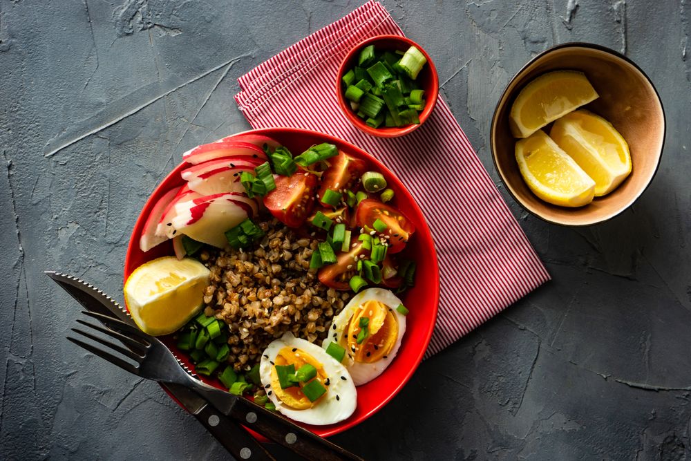Top view of bowl of healthy buckwheat salad