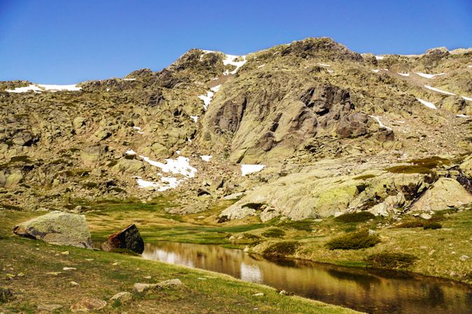 Clear lake at bottom of rocky mountain