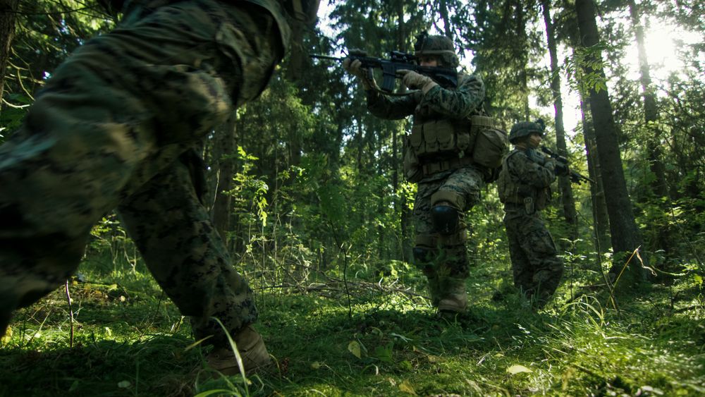 Squad of Fully Equipped Soldiers in Camouflage on a Reconnaissance Military Mission, Aiming Rifles.