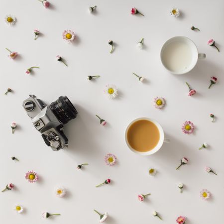 Vintage camera on light background with colorful flowers and cup of coffee and milk