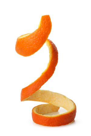 Spiral of mandarin peel isolated on light background