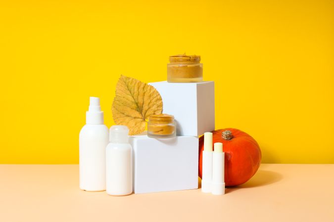 Concept of different cosmetic products, Pumpkin cosmetics