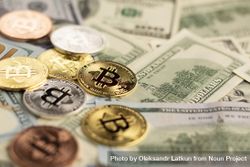 Bitcoin above dollar bills close up 4m9LW4