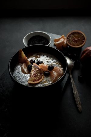 Chia seeds pudding with citrus in bowl