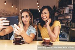 Woman sticking out her tongue while taking selfie with a smiling friend at coffee shop 5aoA8b