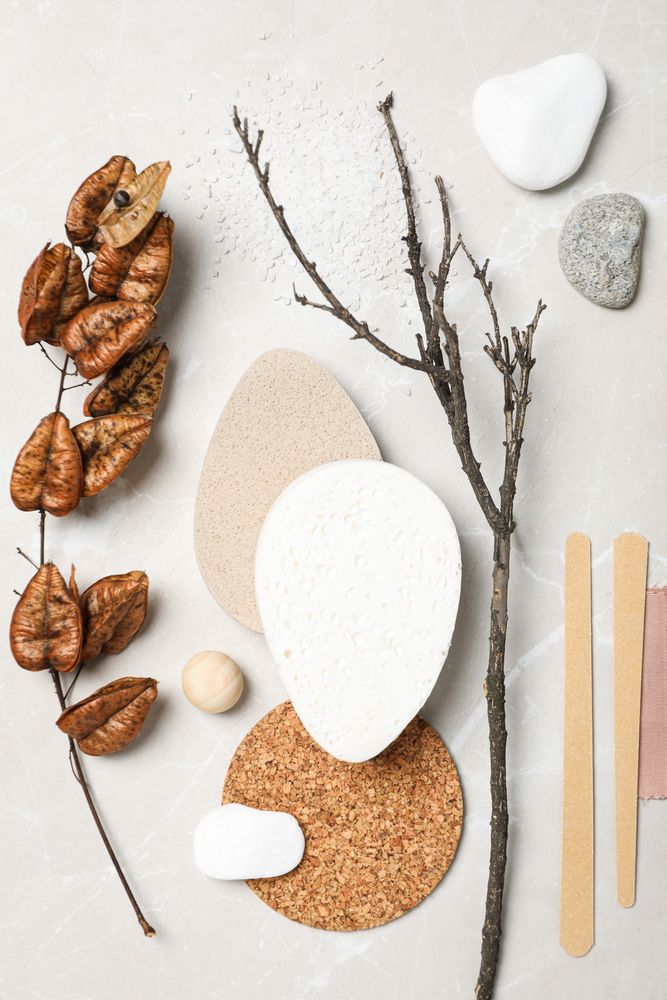 Flat lay of creative moodboard composition, top view