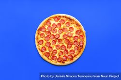 Top view with a whole pepperoni pizza isolated on a blue background 0LzLR4