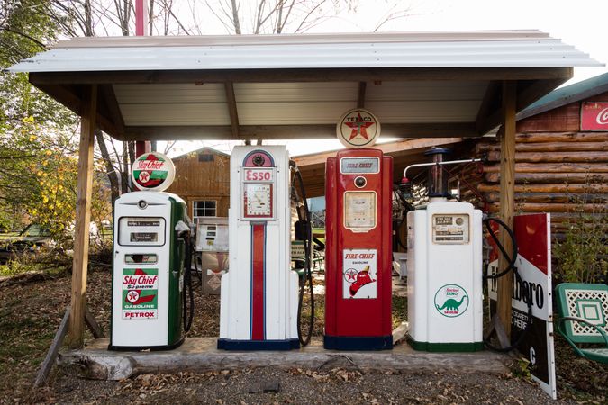 A vintage gasoline station display at a tourist-cabin site in Seneca Rocks, West Virginia