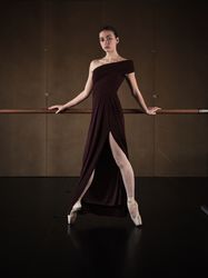Stylish ballerina in pointe shoes leaning on barre
